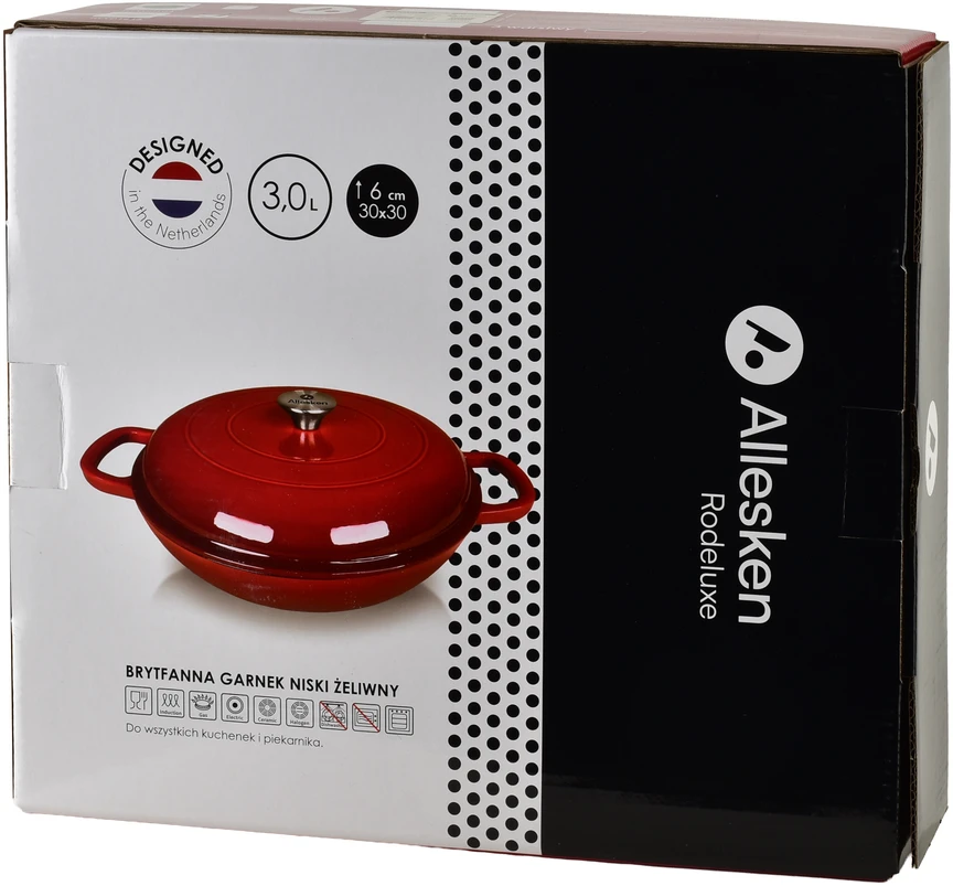 Allesken RODELUXE žema ketaus keptuvė 30x34x6cm 3.0L emaliuotas kreminis vidus