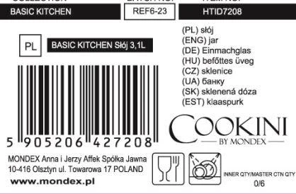 Cookini Mondex BASIC KITCHEN stiklainis 3,1 l su rankena 15 x 15 x 26,5 cm