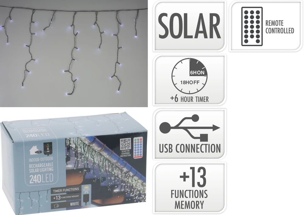 Mondex KOOPMAN SOLARNY ŁAŃCUCH ŚWIETLNY 240 LED 13 FUNKCJI USB ZIMNY Baltas