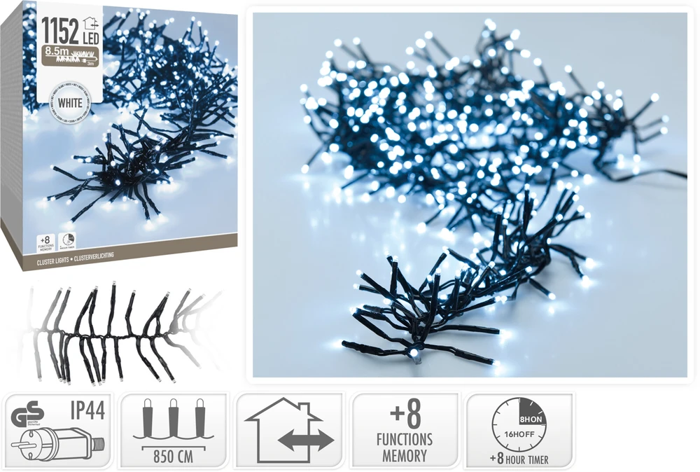 Mondex Christmas Decoration KALĖDINIŲ ŽIBINTŲ ŠVIESOS GRANDINĖ 1152 LED LAIKMATIS ŠALTA BALTA