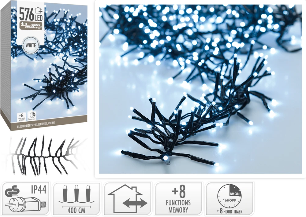 Mondex Christmas Decoration KALĖDINĖS LENGVOS GRANDINĖS 576 LED LAIKMATIS COLD Baltas