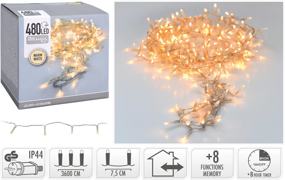 Mondex Christmas Decoration Kalėdinės eglutės lemputės, 480 LED lempučių grandinėlė, laikmatis, šiltai balta, skaidrus laidas