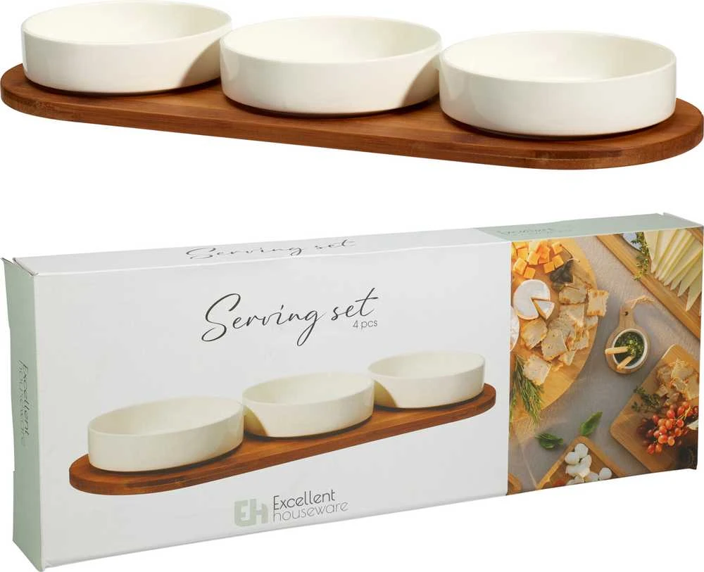 Mondex Bamboo Porcelianinių dubenėlių rinkinys užkandžiams patiekti APERIO, 3 x 390 ml, bambukinis padėklas