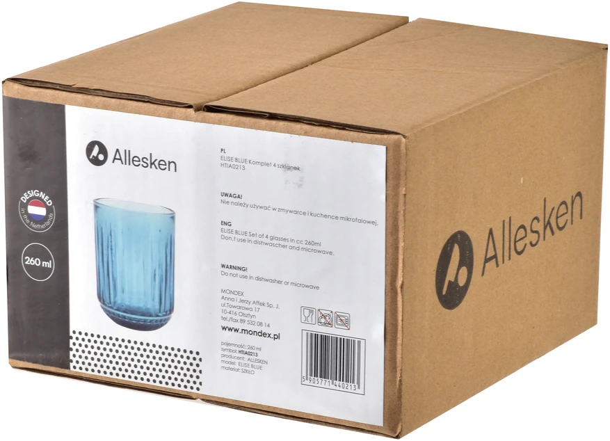 Mondex Since 1986 ELISE Mėlynas 4 stiklinių rinkinys 260 ml 7,5 x 7,5 x 9,4 cm