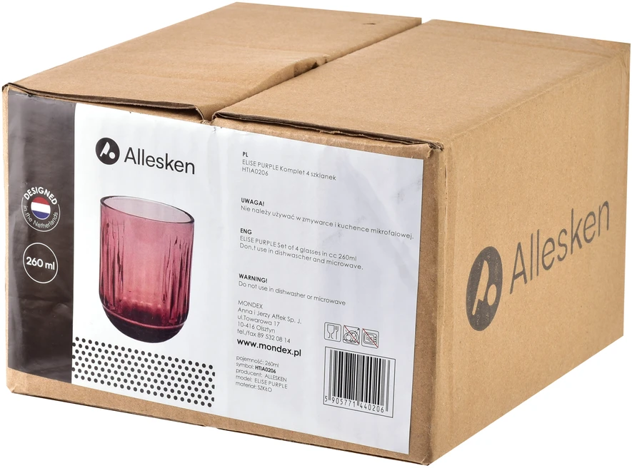 „Mondex Since 1986 ELISE PURPLE“ 4 stiklinių rinkinys, 260 ml, 7,5 x 7,5 x 9,4 cm