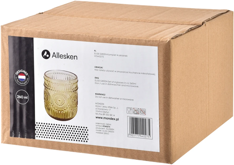 Mondex Since 1986 ELISE Žalias 4 stiklinių rinkinys 260 ml 7,5 x 7,5 x 9,2 cm