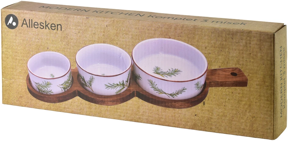 Mondex Since 1986 MODERN KITCHEN Deska su 3 miskami 11x3,5 8,5x4 7x7,3cm (35x12x1,2cm) rozmaryn