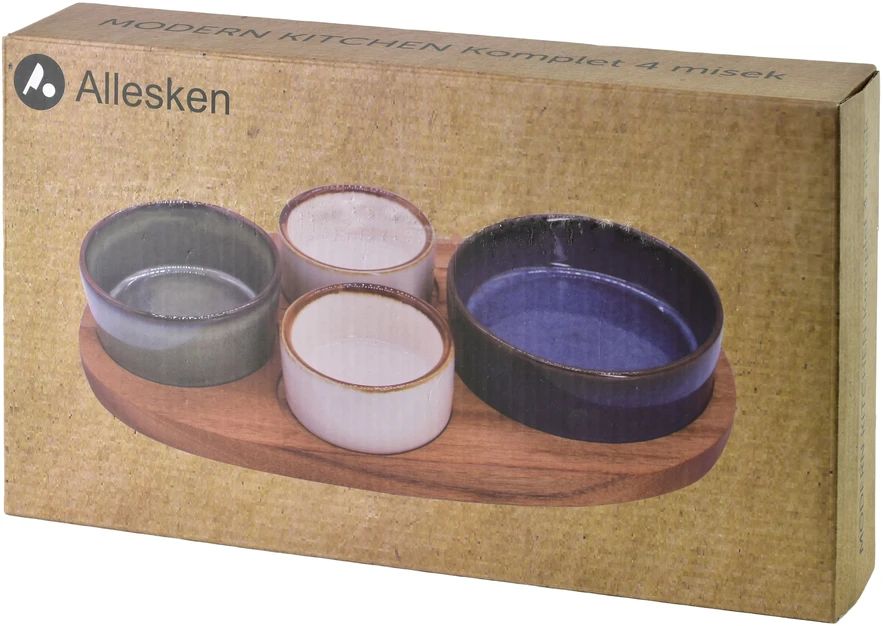 Mondex Since 1986 MODERN KITCHEN Deska su 4 miskami 11x3,58,5x42x/7x3,3cm (28x16x1,2cm) 160ml/120ml/80ml