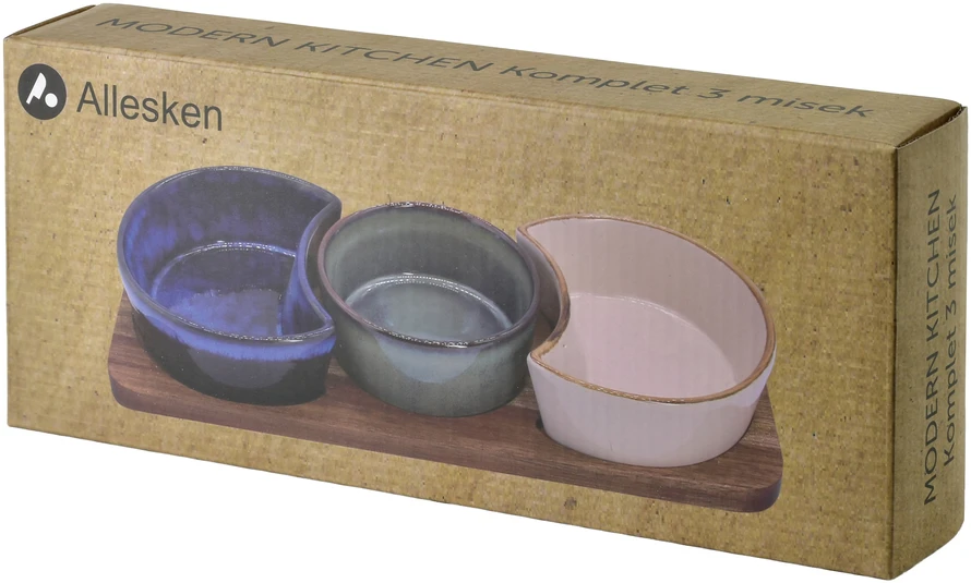Mondex Since 1986 MODERN KITCHEN Deska su 3 miskami 8,5x42x/11x9,5x3,5cm(26,5x11x1,2cm)2x150ml 120ml