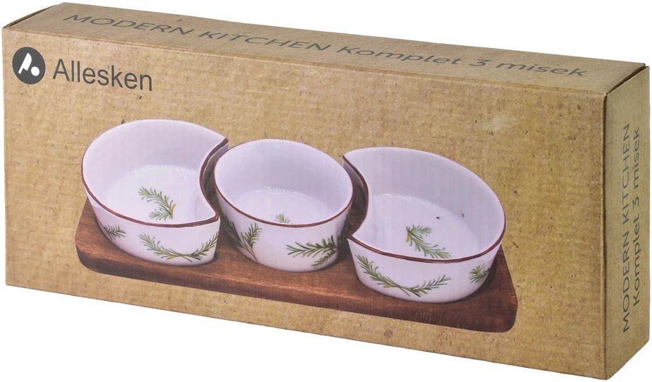 Mondex Since 1986 MODERN KITCHEN Deska su 3 miskami 8,5x42x/11x9,5x3,5cm(26,5x11x1,2cm) 2x150ml+1x120ml rozmaryn