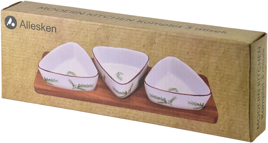Mondex Since 1986 MODERNI VIRTUVĖS lenta su 3 trikampiais dubenėliais 9,5x4 cm (28x9,5x1,5 cm) rozmarinas 100 ml