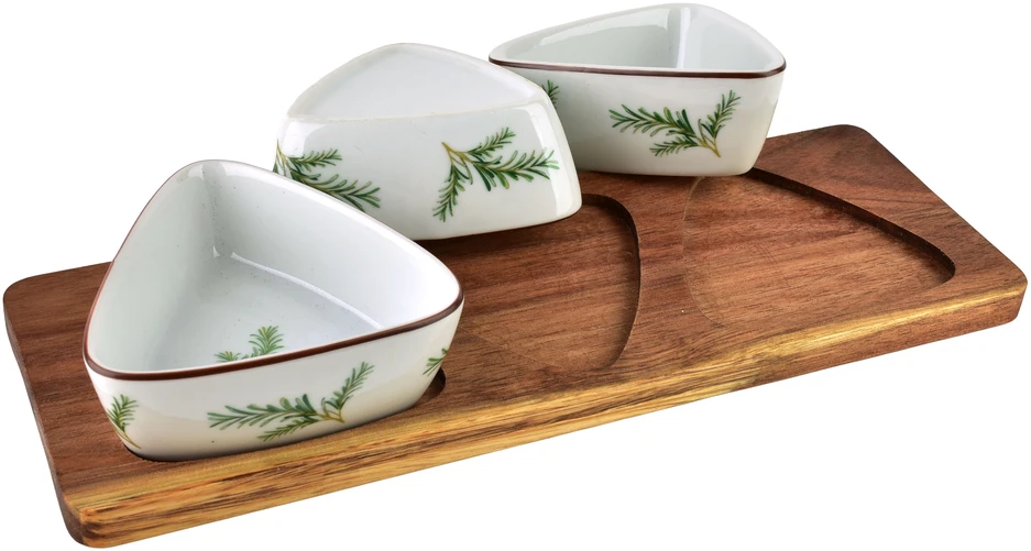 Mondex Since 1986 MODERNI VIRTUVĖS lenta su 3 trikampiais dubenėliais 9,5x4 cm (28x9,5x1,5 cm) rozmarinas 100 ml