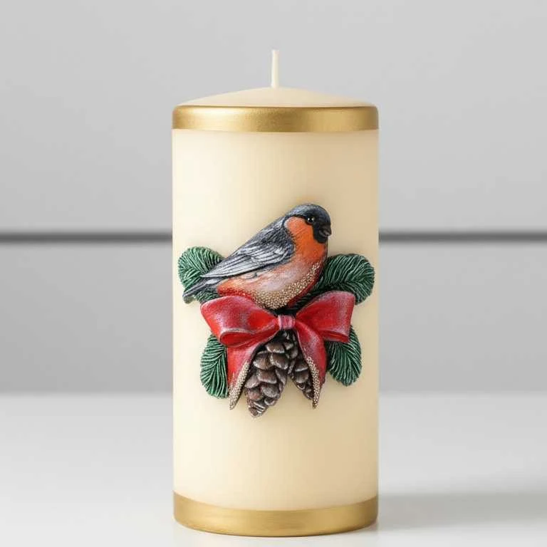 Mondex Žvakė WINTER BIRD, didelis cilindras, 7x17,5 cm, kreminis parafinas