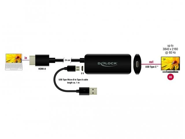 DLC DELOCK adapteris HDMI M USB Type-C F DP Alt režimas 24 cm aktyvus 4K 60 Hz