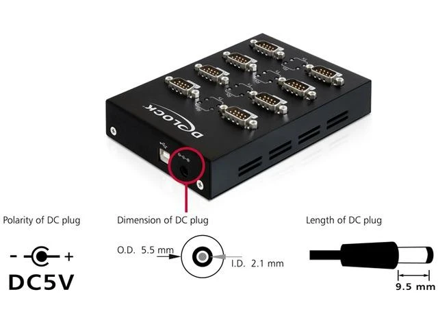 Delock RS-232 adapteris su 8 prievadais ir DC jungties technine schema