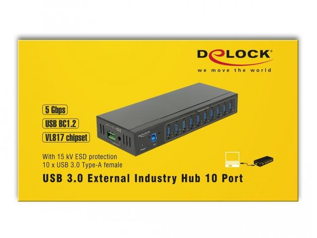 HUB USB 3.0 DELOCK 10-PORT AKTYWNY pramoninis IŠORINIS 20KV ESD JUODA
