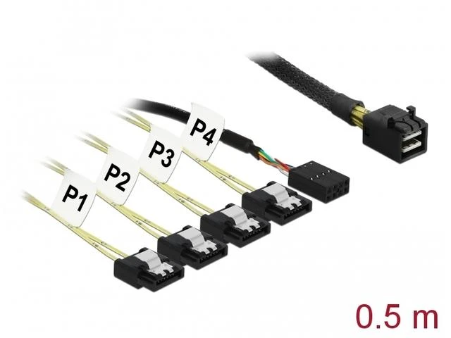 KABELIS SAS MINI HD SFF-8643(M)->4X SATA 7 PIN(F) 0.5M JEDNOWSTĘGOWY DELOCK