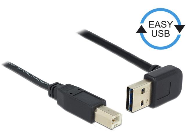 „Delock“ USB AM-BM 2.0 kabelis, 0,5 m, juodas, kampuotas aukštyn/žemyn, „Easy-USB“