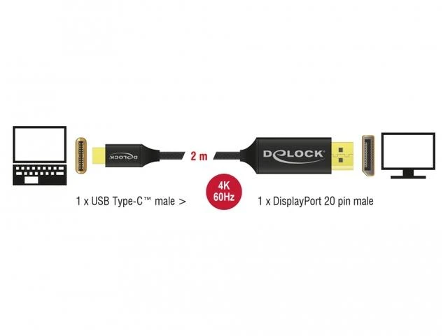 Delock Atrakinimo kabelis USB Type-C™ kištukas > Displayport kištukas DP-Alt režimas 4K 60 Hz 2 m