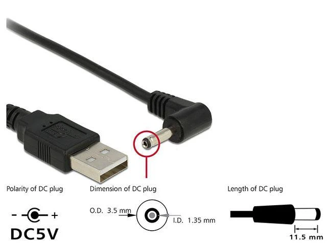 Delock kabelis USB maitinimas > DC 3,5 x 1,35 mm kištukas 90° 1,5 m