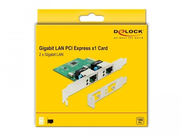 DELOCK PCI EXPRESS X1 2X RJ45 1GB TINKLO KORTELĖ, TAIKYKITE ŽEMUS PROFILIUS