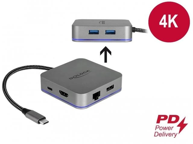 „Delock USB Type-C™“ prijungimo stotelė, skirta mobiliesiems įrenginiams 4K – HDMI/Hub/LAN/PD 3.0