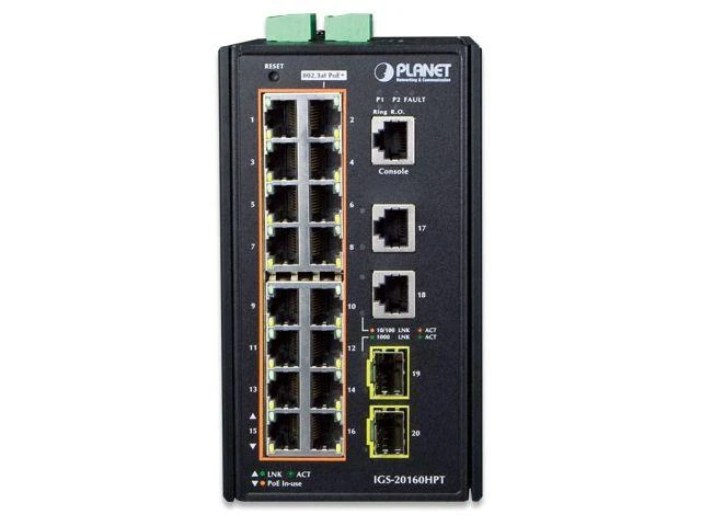 Šakotuvas PLANET IGS-20160HPT tinklo jungiklis Valdomas L2/L3 Gigabit Ethernet (10/100/1000) Maitinimas per Ethernet (PoE) Mėlyna, Baltas