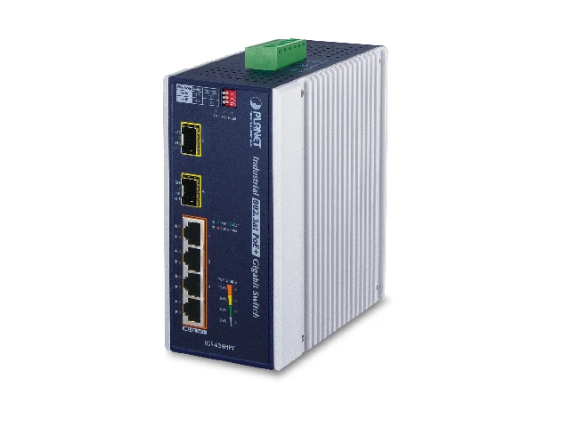 Šakotuvas Planet IP30 6 prievadų gigabitų jungiklis su 4 prievadų 802.3AT POE+ ir 2 prievadų 100/1000X SFP (nuo -40 iki 75 C)