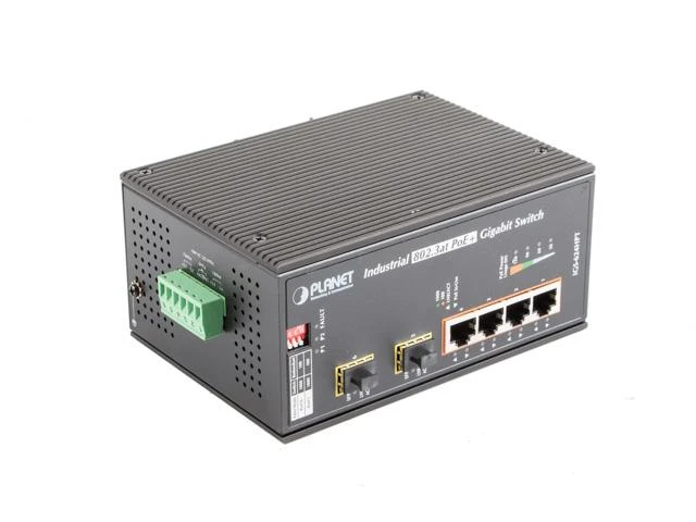 Šakotuvas Planet IP30 6 prievadų gigabitų jungiklis su 4 prievadų 802.3AT POE+ ir 2 prievadų 100/1000X SFP (nuo -40 iki 75 C)