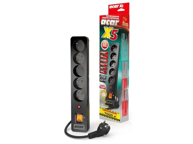 Ilgintuvas su saugumo Acar X5 juodos spalvos - 5 lizdai - 1.5 m