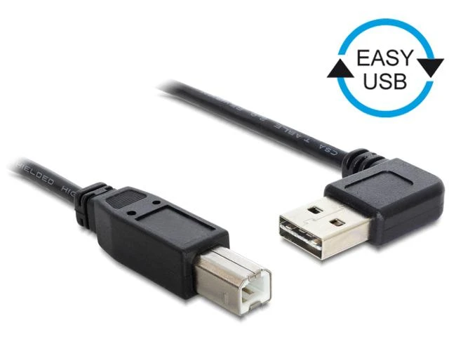 DELOCK kabelis EASY-USB 2.0 tipo A kištukinis kampu į kairę / dešinę > USB 2.0 Type-B vyriškas 0,5 m