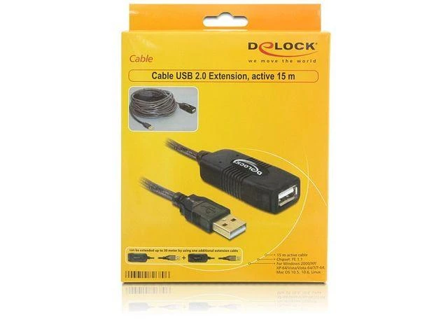 Cable DELOCK 82689 (USB M - USB F, 15m, juodos spalvos)