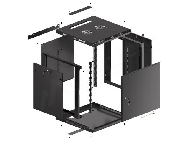 LANBERG sieninė spintelė 19 colių 12U 600x600 plieninės durys juodas plokščias paketas