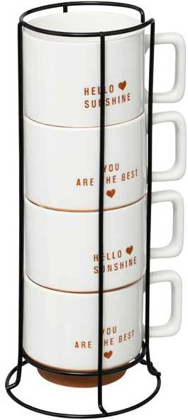 Secret De Gourmet 4 porcelianinių puodelių rinkinys HELLO ant metalinio stovo, 4 x 300 ml