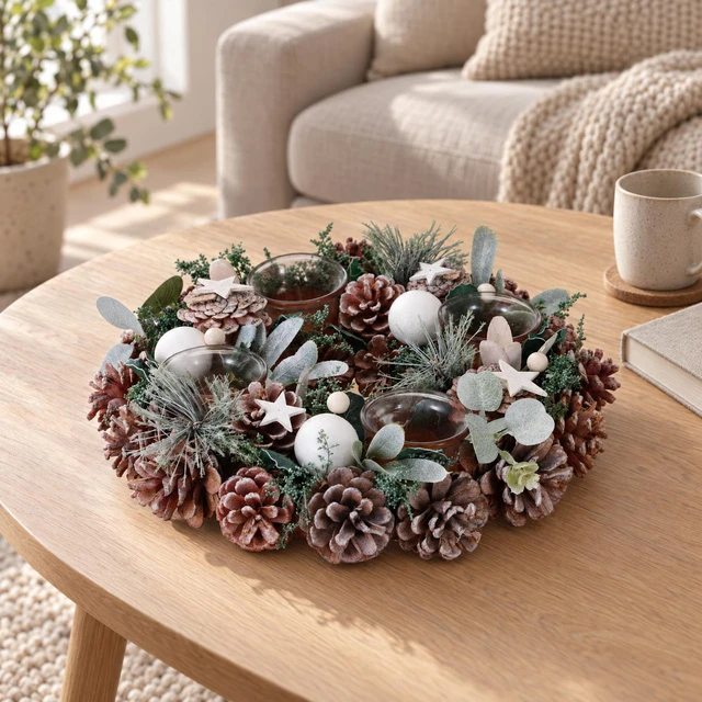 Home Styling Collection Advento vainikas su 4 stikliniais žvakių laikikliais, Ø 30 cm