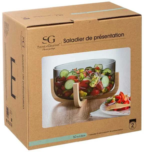 Secret De Gourmet ARHA salotų dubuo, 24 cm stiklas, su mediniu stovu