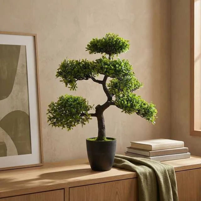 Dirbtinis bonsai medelis tamsiame vazone