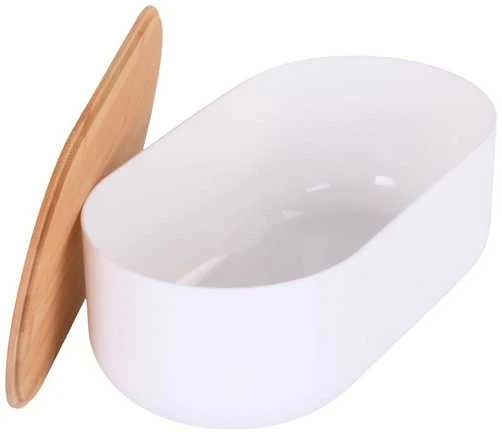 KOOPMAN Baltos plastikinės duonos dėžutė, bambukinis dangtelis, 35 x 19 x 12 cm