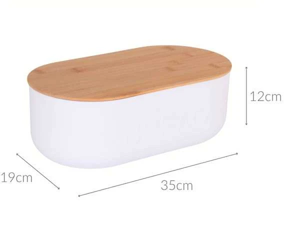 KOOPMAN Baltos plastikinės duonos dėžutė, bambukinis dangtelis, 35 x 19 x 12 cm