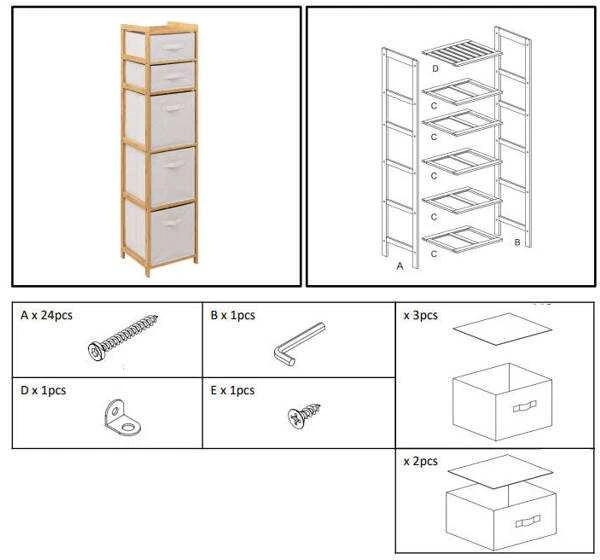 5five Simply Smart Bamboo Aukšta bambukinė knygų lentyna TIDY su 5 medžiaginiais krepšeliais, aukštis 144,3 cm