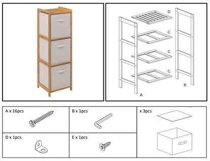 5five Simply Smart Bamboo Aukšta TIDY bambukinė lentyna su 3 medžiaginiais krepšeliais, aukštis 109,5 cm