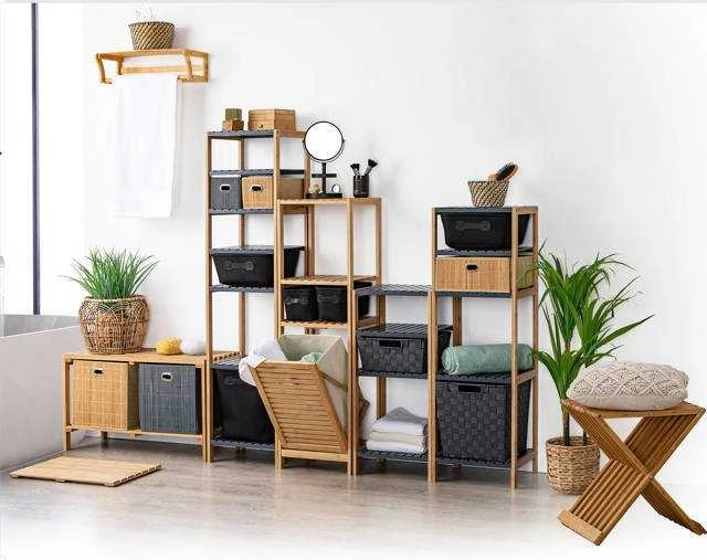 5five Simply Smart Bamboo Bambuko pluošto vonios lentyna su skalbinių krepšeliu, knygų lentyna su lentynomis, bambuko lentyna, atlenkiamas skalbinių krepšelis