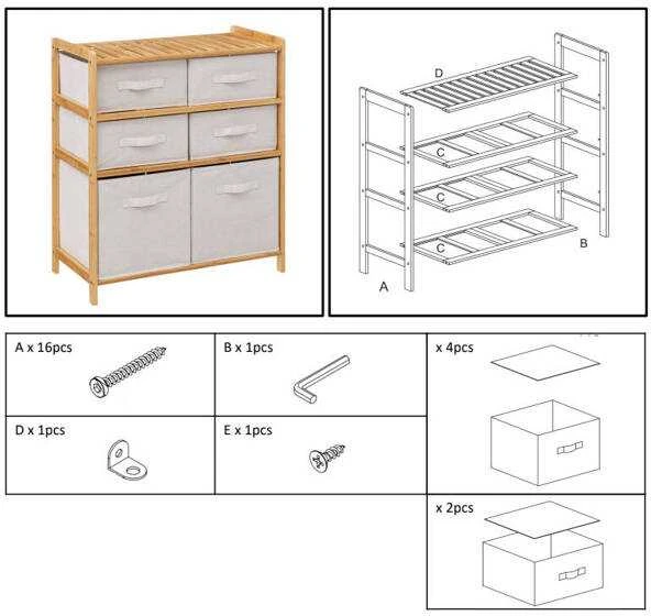 5five Simply Smart Bamboo TIDY bambukinė lentyna su 6 medžiaginiais krepšeliais, aukštis 78,5 cm