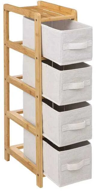 5five Simply Smart Bamboo TIDY siauras bambukinis stelažas su 4 medžiaginiais krepšeliais, aukštis 78,5 cm