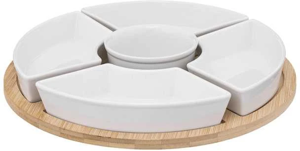 Secret De Gourmet Bamboo Užkandžių rinkinys: 6 porcelianiniai dubenys + bambukinis padėklas