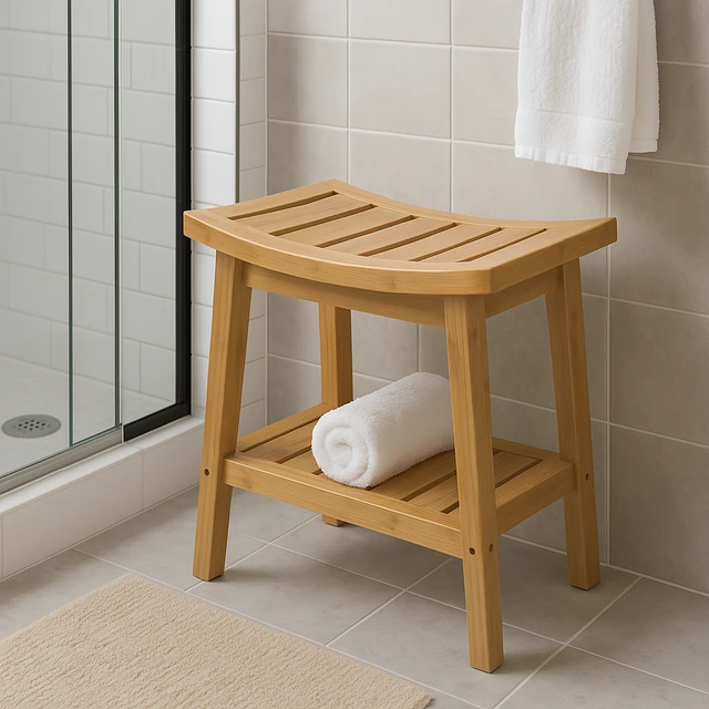 5five Simply Smart BAMBOO vonios taburetė su lentyna priedams