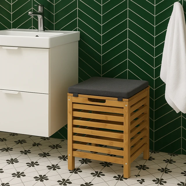 5five Simply Smart BAMBOO vonios taburetė su skalbinių krepšeliu, 2in1