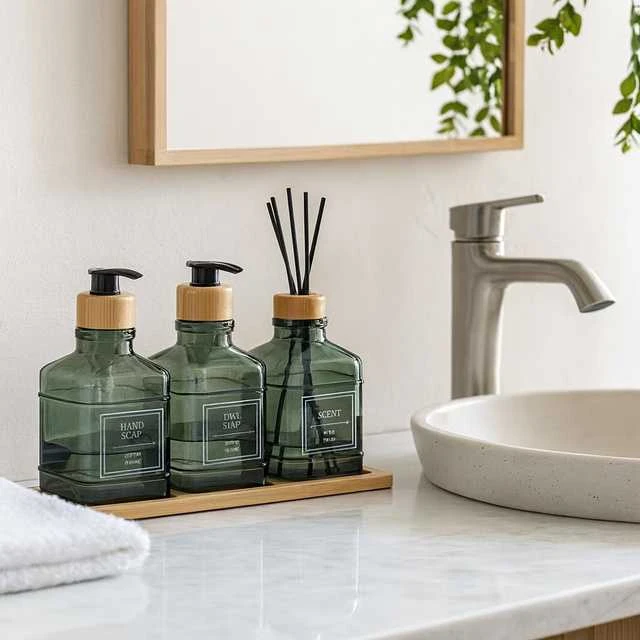 Bathroom Solutions Bamboo Vonios kambario komplektas su stikliniu difuzoriumi ir bambuko padėklu REN