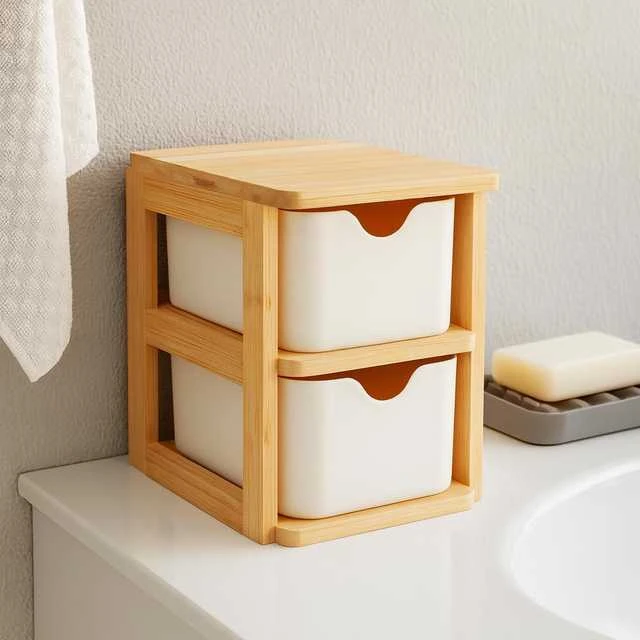 Bathroom Solutions Bamboo Dviguba bambukinė organizatoriaus SKAFFA, 15 x 10,8 cm