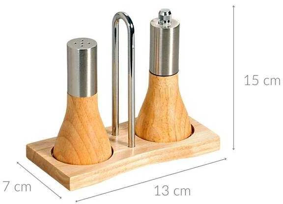 Druskos plaktuvas ir pipirų indas, pastatytas ant medinio pagrindo, KESPER